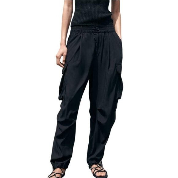 ZARA SOFT CARGO PANTS BLACK SIZE M | 2212/387 - Picture 2 of 4